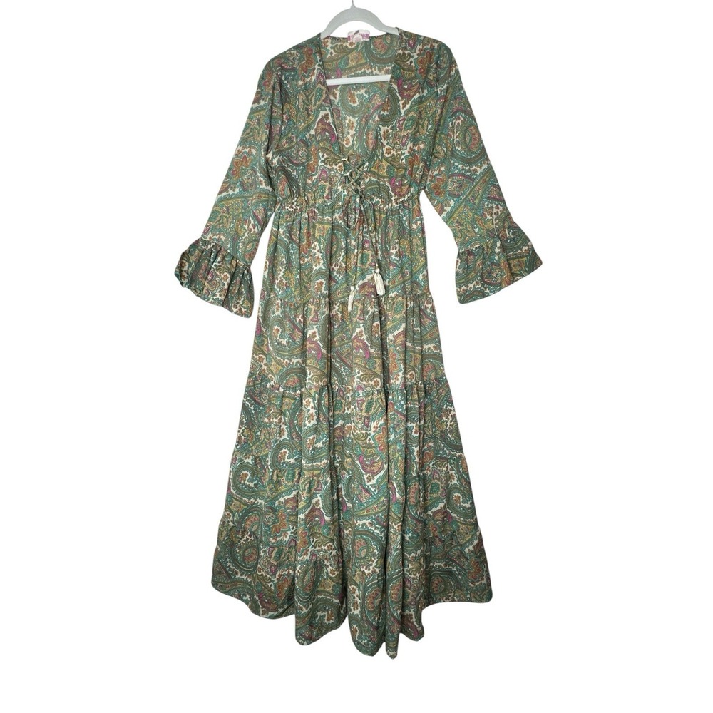 Boemo By Anthropologie Maxi Dress Women's Large Paisley Boho Long Sleeves